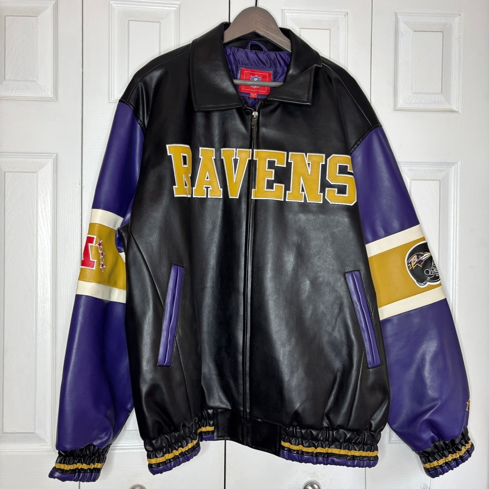 NFL Baltimore Ravens Faux Leather Varsity Jacket Black Purple Gold XXL NWT